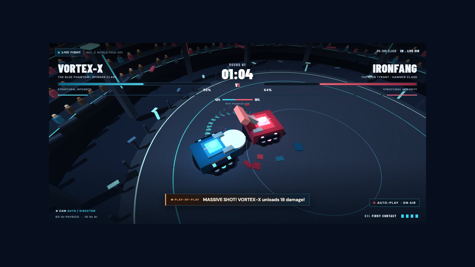 A live fight in the browser: VORTEX-X and IRONFANG trade blows, with health bars, round clock and live win probability
