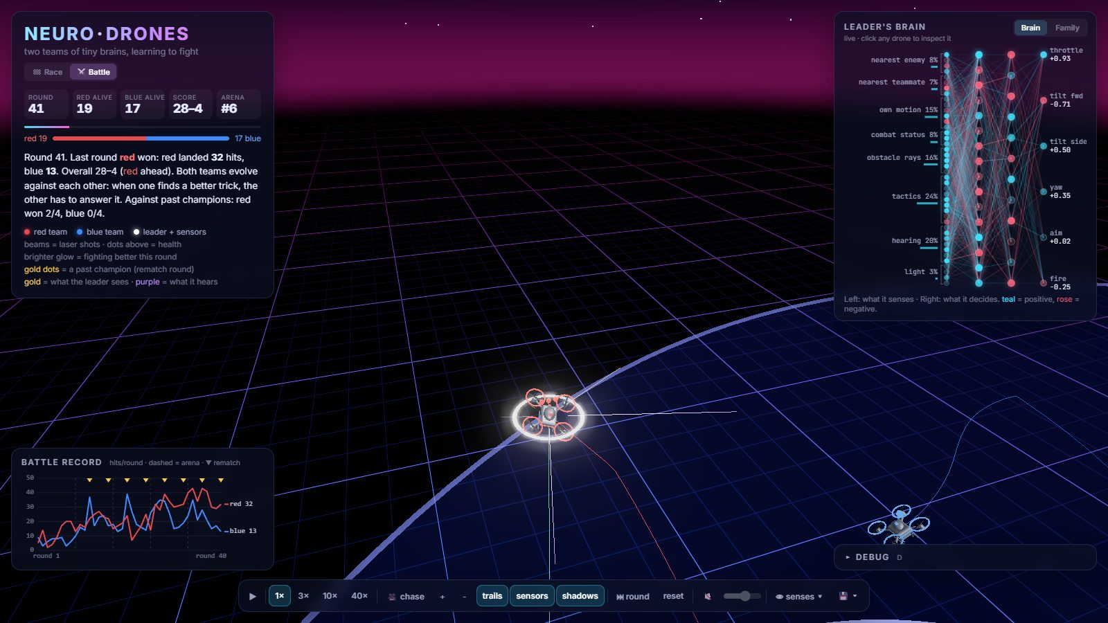 Battle mode: red and blue drones fire lasers; hits flash white with an expanding ring